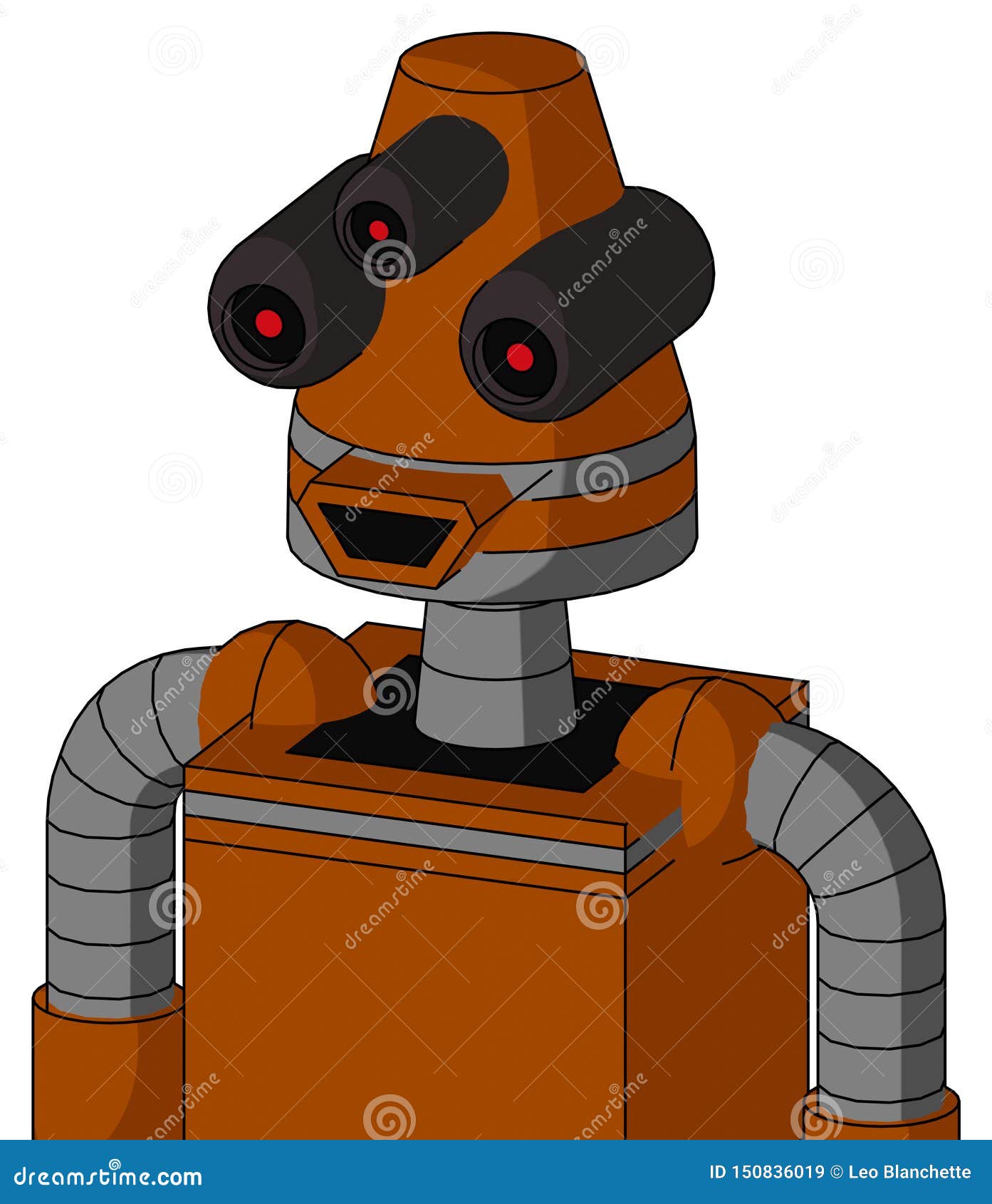 redish-orange mech with cone head and happy mouth and three-eyed