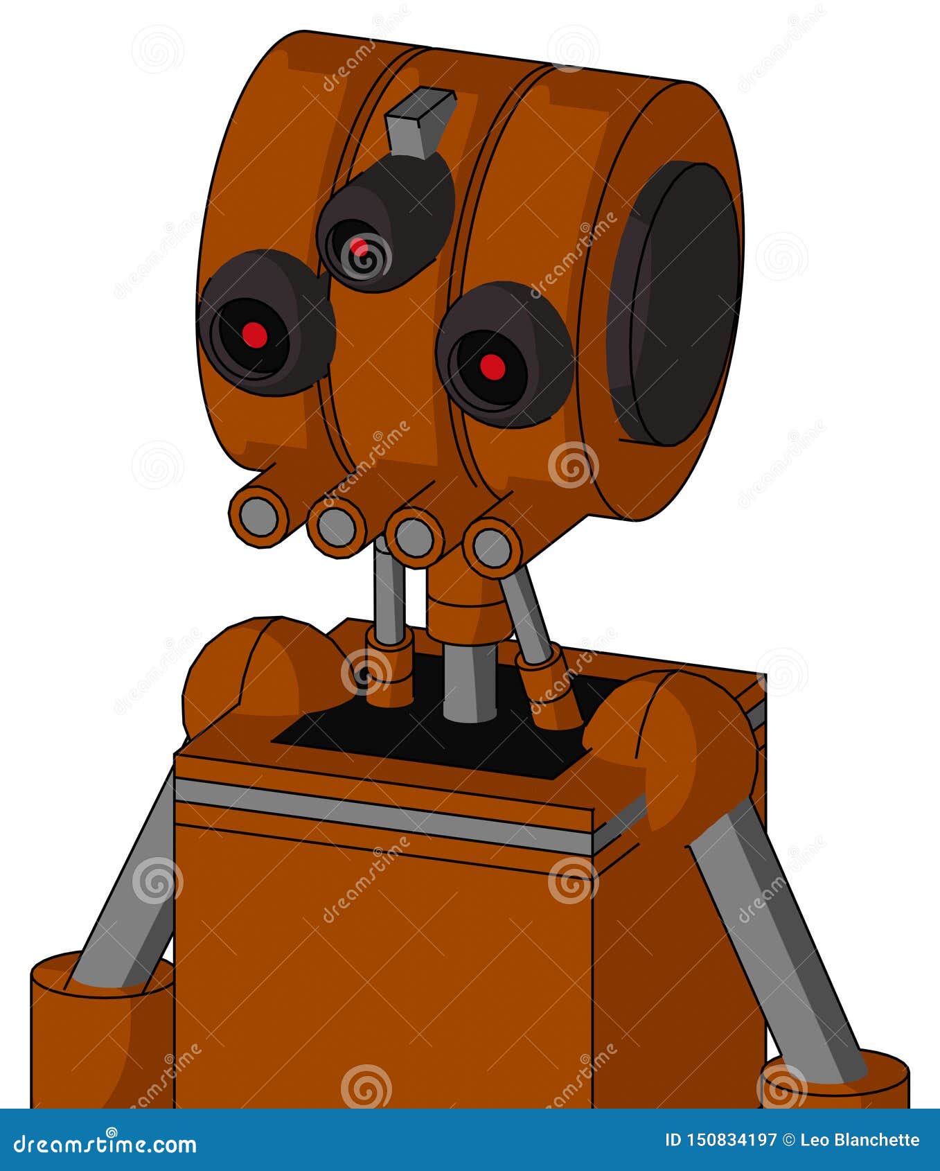redish-orange mech with multi-toroid head and pipes mouth and three-eyed