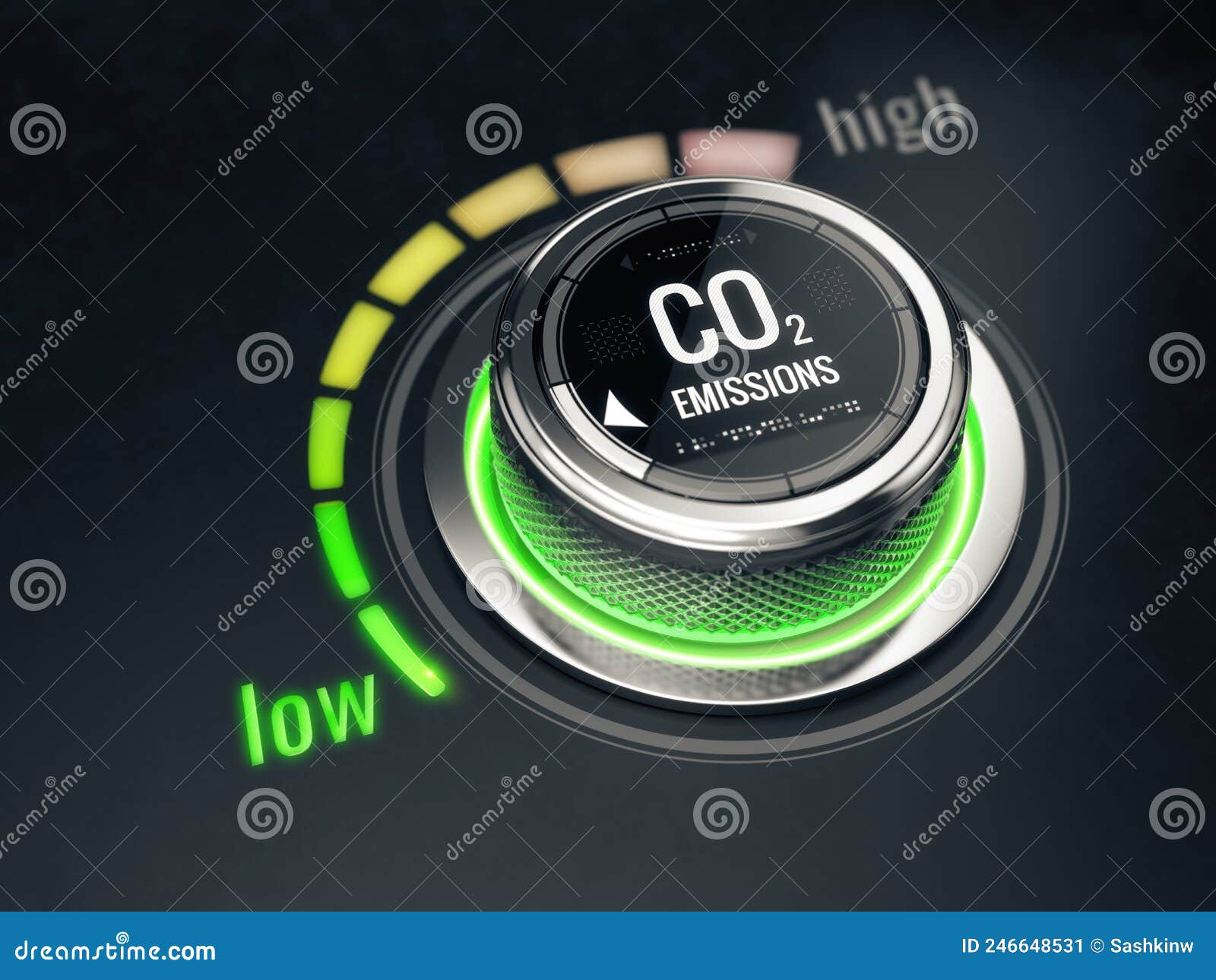Reduce CO2 Level Concept. Carbon Dioxide Emissions Control, CO2 Level To the Min Position Stock