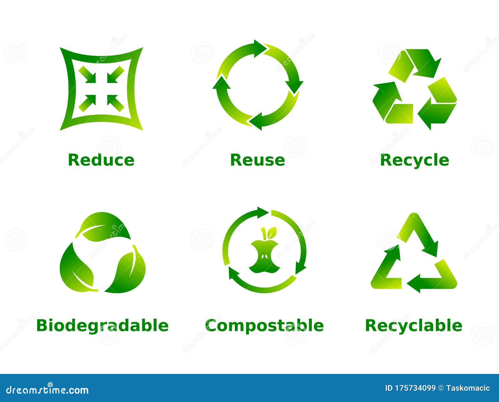 reduce, reuse, recycle, biodegradable, compostable, recyclable, icon set. six recycle green gradient signs on white background.