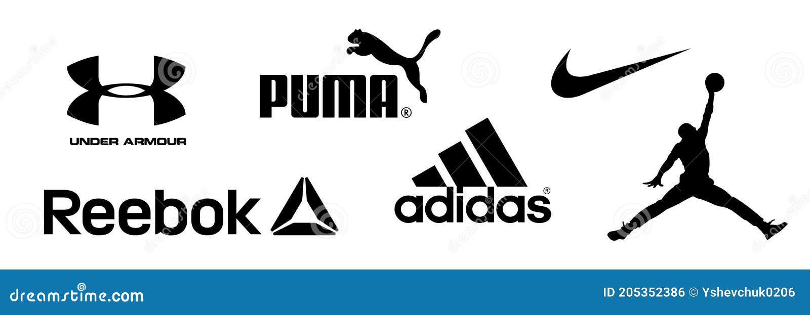 Reebok Nike Jordan Adidas Puma Bajo Logotipos Armadura De Equipo Deportivo Y Compañía Ropa Deportiva. Diciembre Foto editorial - Ilustración de objeto, muestra: 205352386