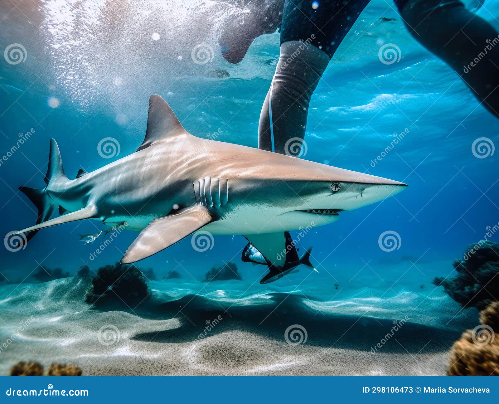 A Reef Shark Attacks a Diver in the Red Sea. AI Generated. Illustration