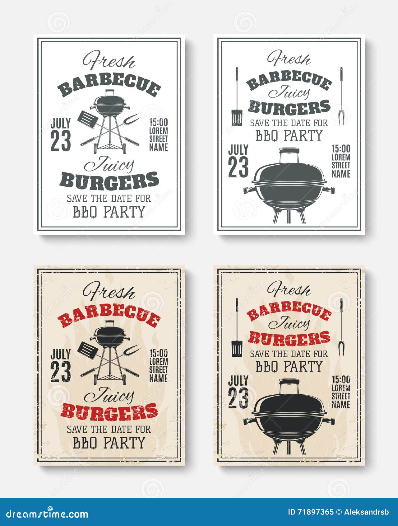 Reeks van vier uitstekende affiches van de barbecuepartij. Reeks van vier uitstekende de affichemalplaatjes van de barbecuepartij De brochures van de barbecuepartij De uitnodigingsvliegers van de barbecuepartij Vector illustratie
