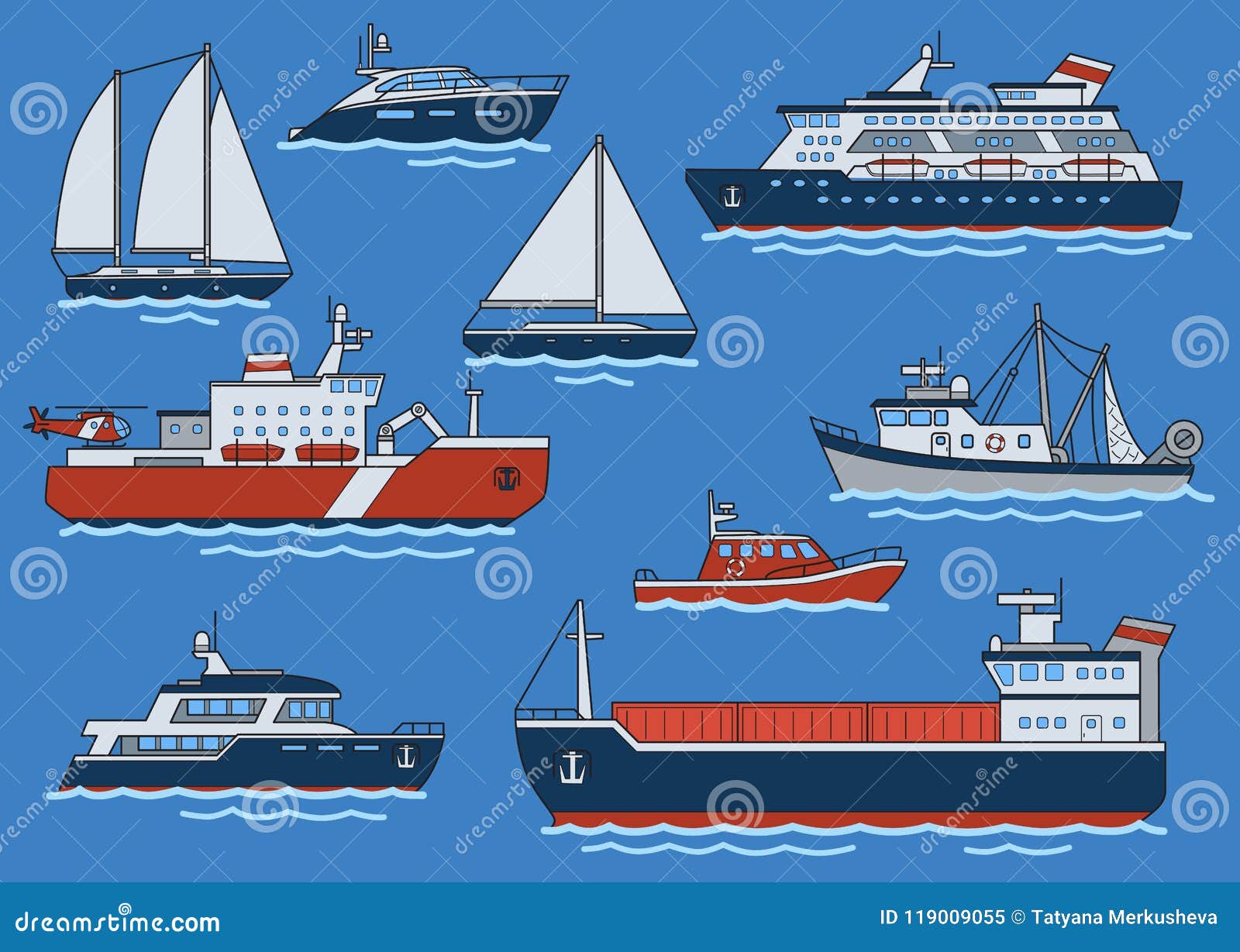 Reeks Verschillende Typeschepen En Boten Vrachtschip, Icebreaker, Kruiser, Jacht, Treiler, Motorboot Vlakke Vector Illustratie - Illustration zeil, oceaan: 119009055