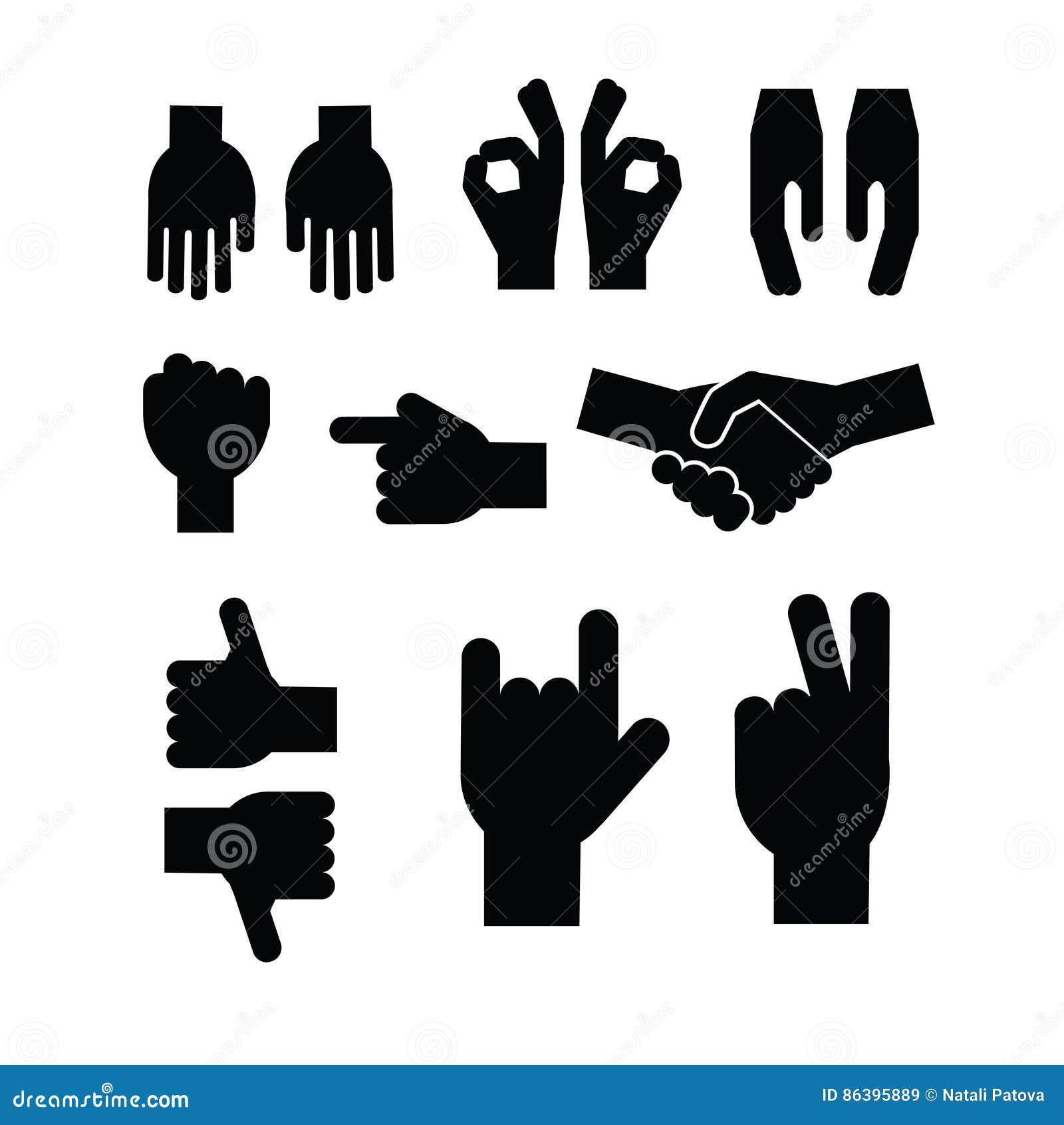 Reeks Zwarte Handen Verschillende Gebaren, Handdruk, Signalen Pictogrammen En Symbolen Vector Illustratie - Illustration of duim, inzameling: