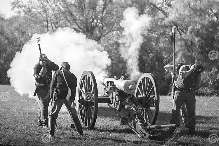 Reenactment of the Battle of Lexington Town Missouri Civil War, Shooting from Cannon, Grayscale
