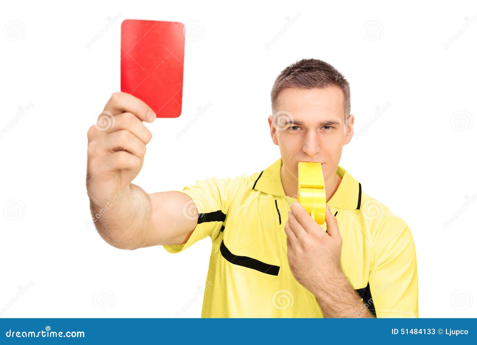 Referee Showing Red Card and Blowing Huge Whistle Stock Image Image