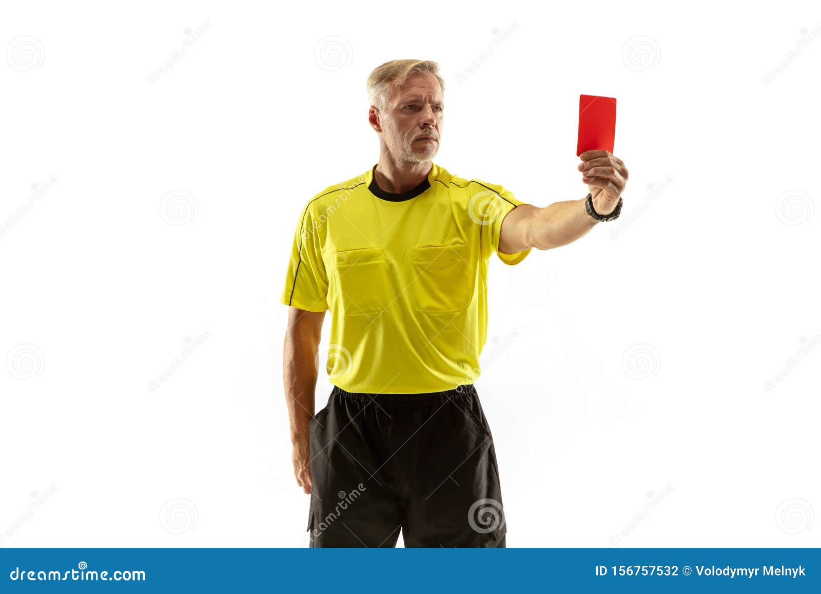 referee showing red card to displeased football soccer player gaming isolated white studio background concept 156757532