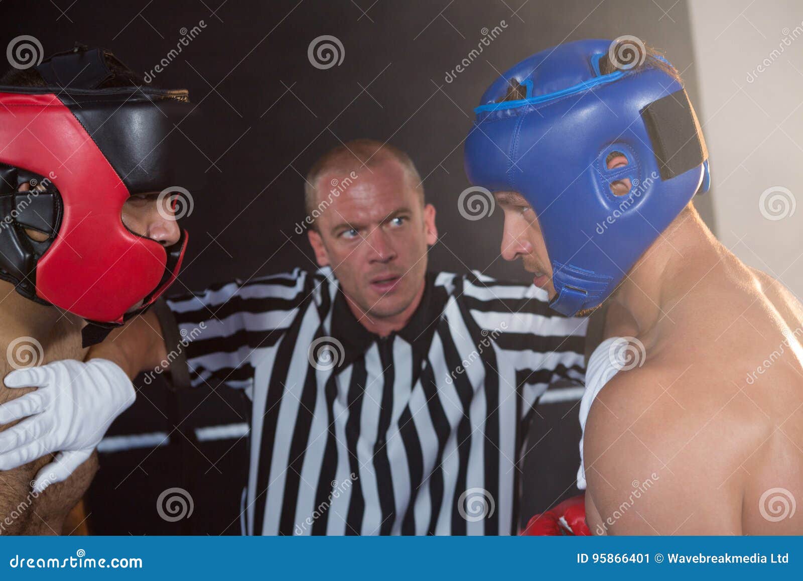 Referee Stopping Aggressive Male Boxers Stock Image Image of indoors
