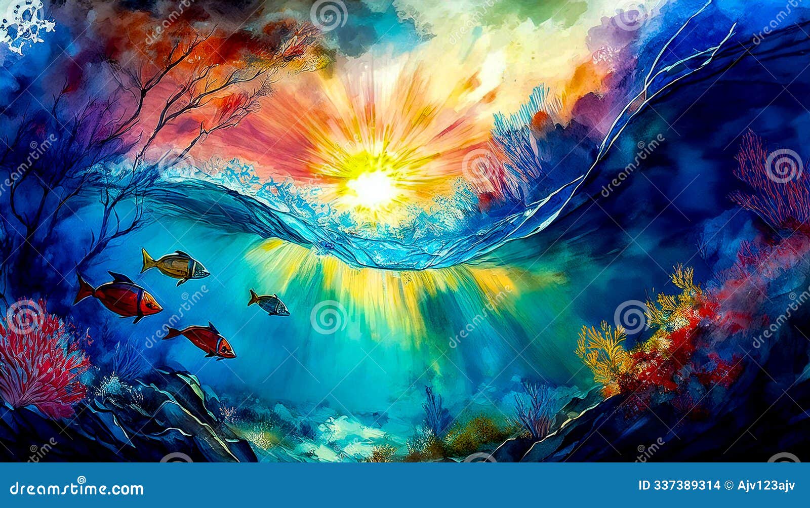 a image showing marine life on a coral reef with sea waves and sunshine