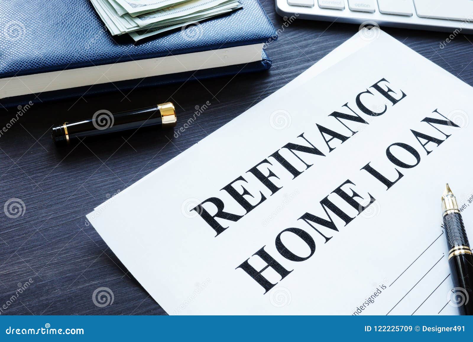 refinance home loan form and money.