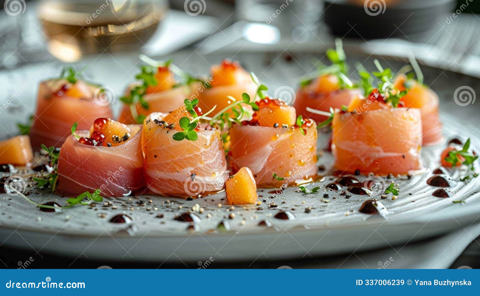 refined presentation of prosciutto-wrapped melon slices elegantly arranged on a sleek white plate, garnished with microgreens and