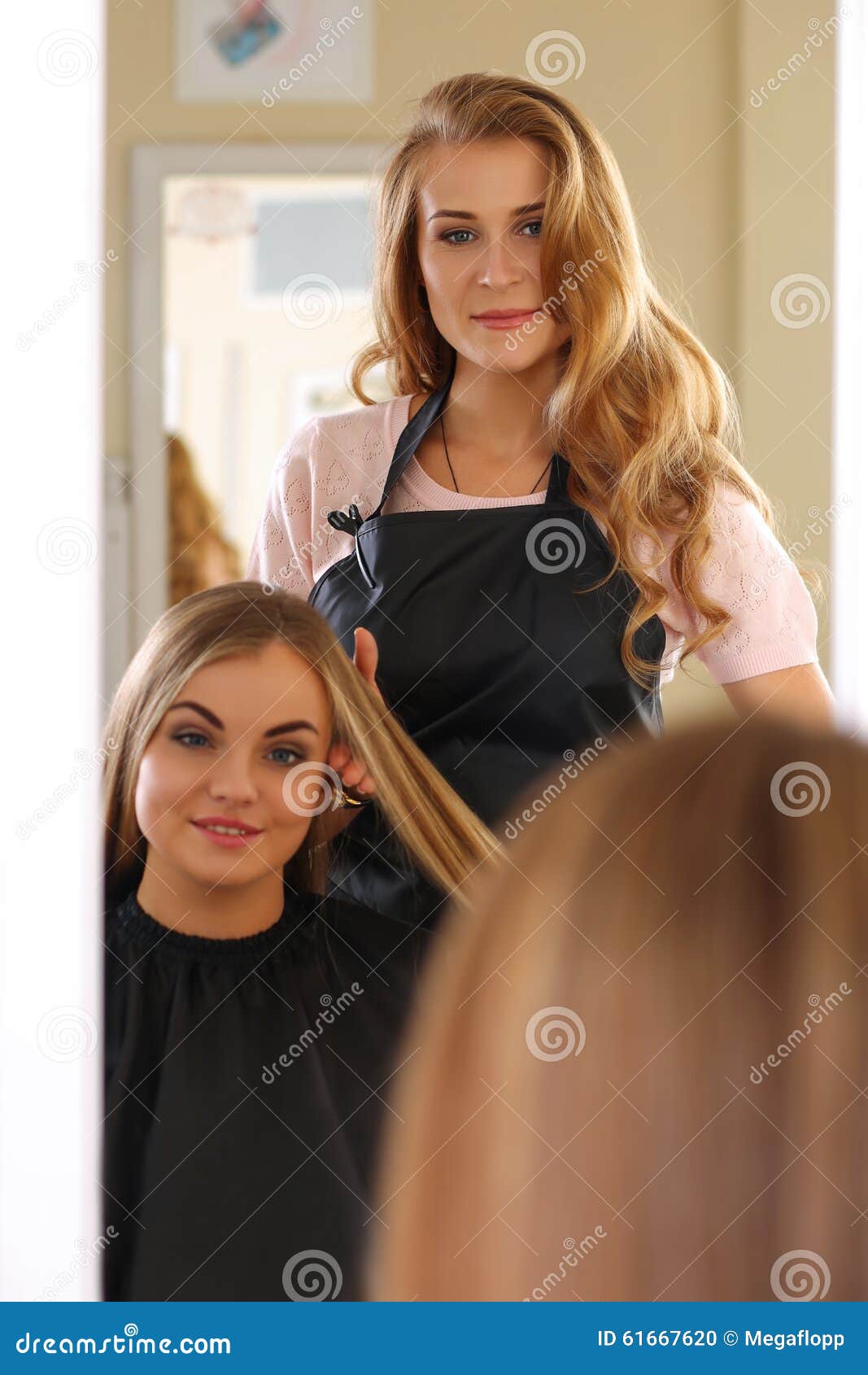 Reflection of Beautiful Blonde Female Hairdresser Stock Photo Image