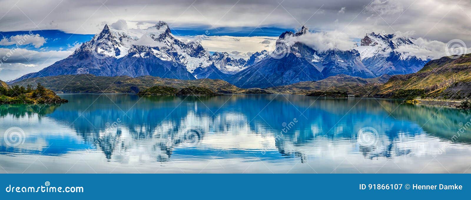 reflection of cuernos del paine at lake pehoe - torres del paine n.p. chile