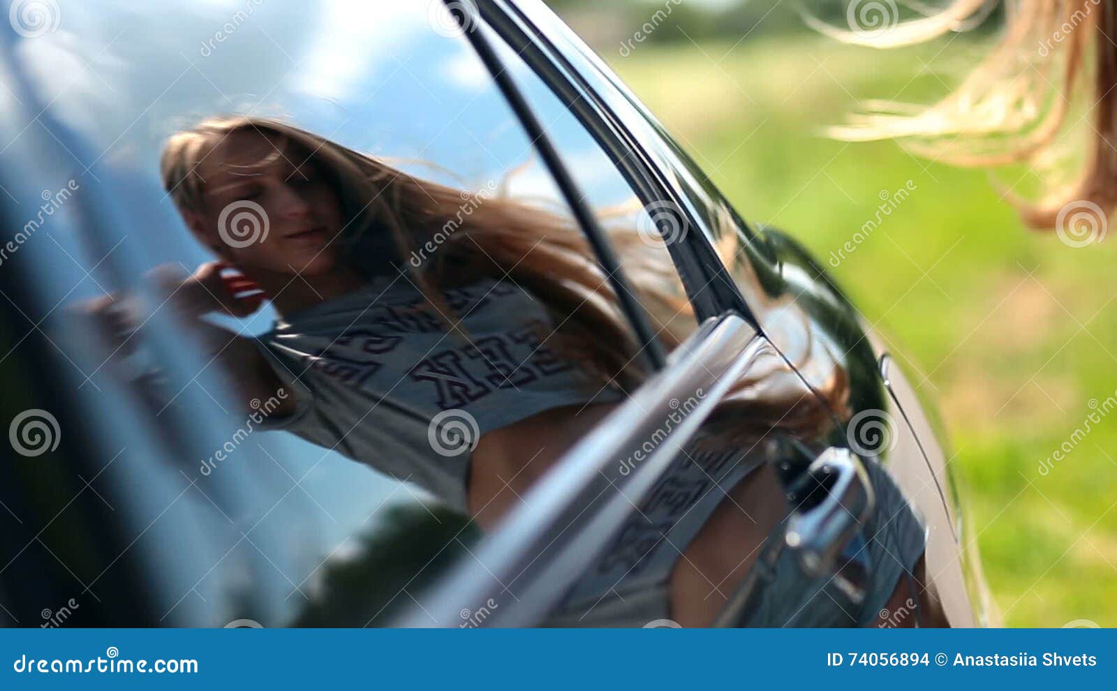 Reflection Of Cute Woman In Car Side Window Stock Footage