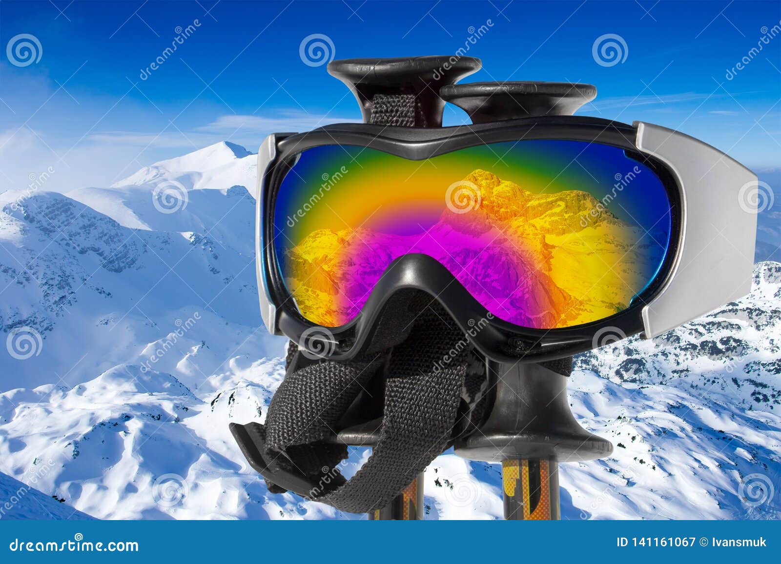 Reflection of the Snowy Mountain Triglav in Ski Goggles Stock Image