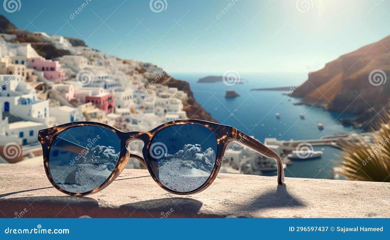 reflection sunglasses showcasing the stunning view of santorini's coastal towns