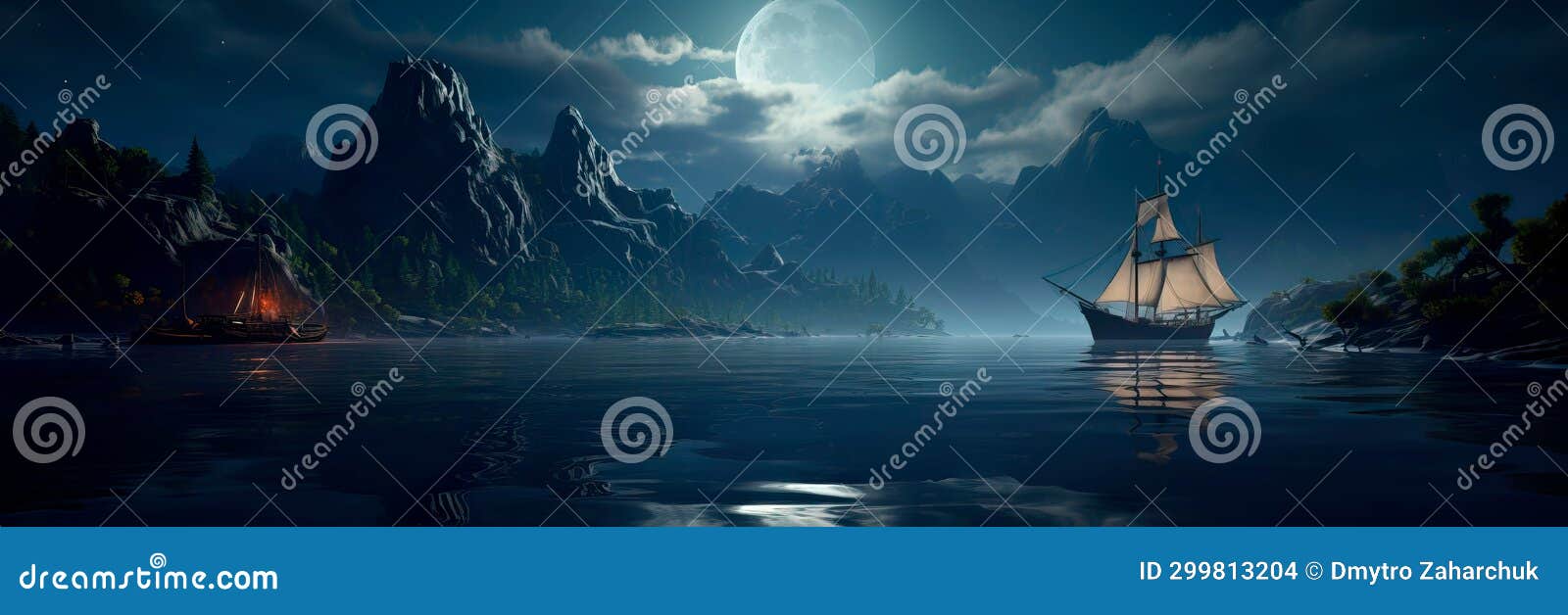 reflections of moonlight on the water& x27;s surface, creating a serene and mysterious atmosphere in a coastal setting