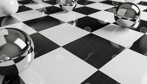 Reflective Spheres on a Black and White Checkerboard Pattern in a ...