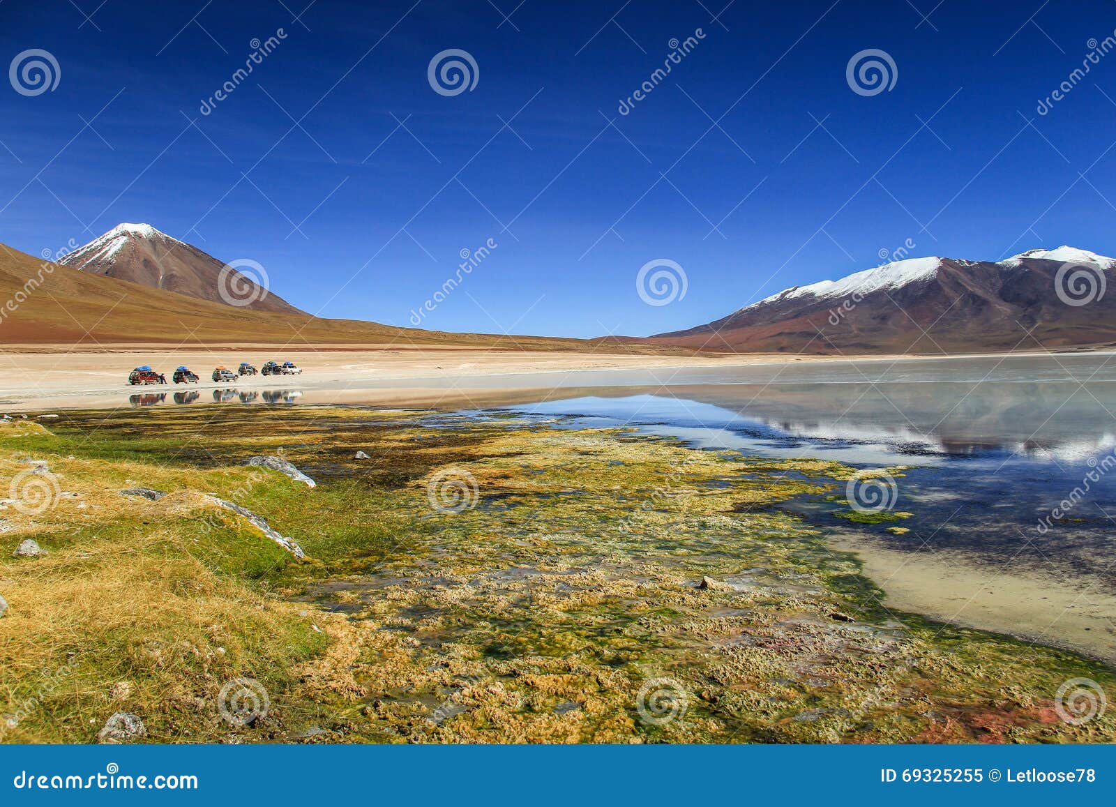 Reflexionen, Laguna-BLANCA, Altiplano, Bolivien. Laguna-BLANCA ist ein Salzsee in einem endorheic Becken, in der Provinz Sur LÃpez der PotosÃ-Abteilung, Bolivien Es ist nahe dem Licancabur-Vulkan