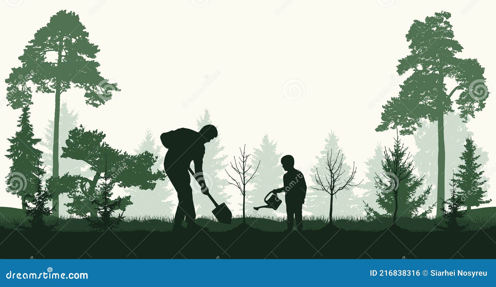 reforestation, planting trees in forest. man and child plant bare tree and fir trees, silhouette.  