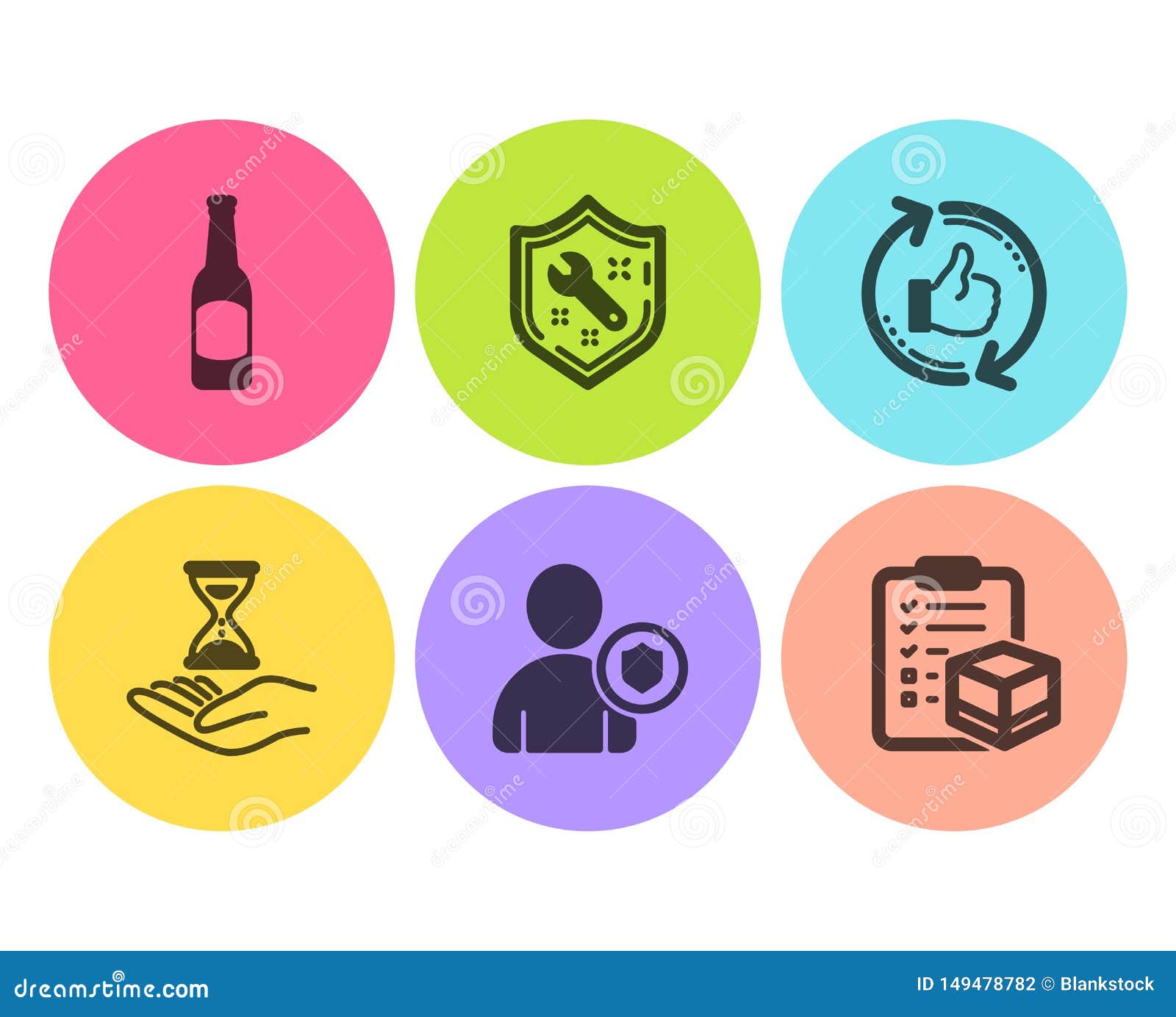 refresh like, time hourglass and spanner icons set. security, beer and parcel checklist signs. 