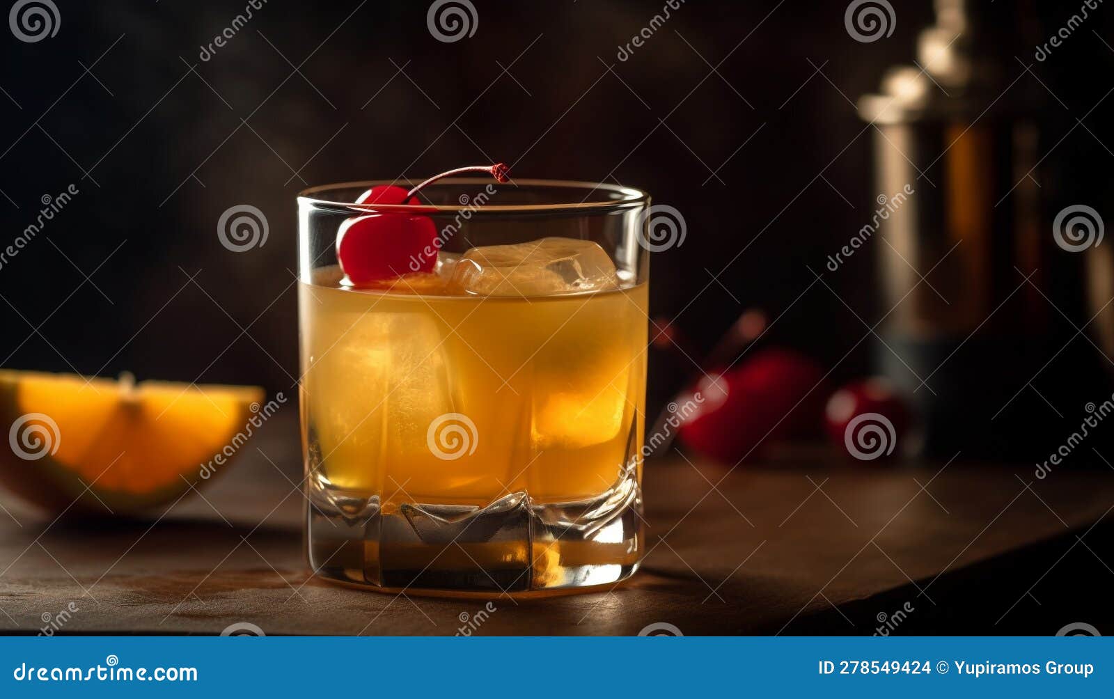 A Refreshing Citrus Cocktail with Whiskey, Ice, and Fruit Slices