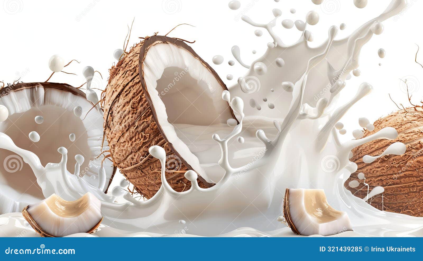refreshing coconut halves with liquid splash. bright and vibrant image ideal for food and beverage ads, recipes, and