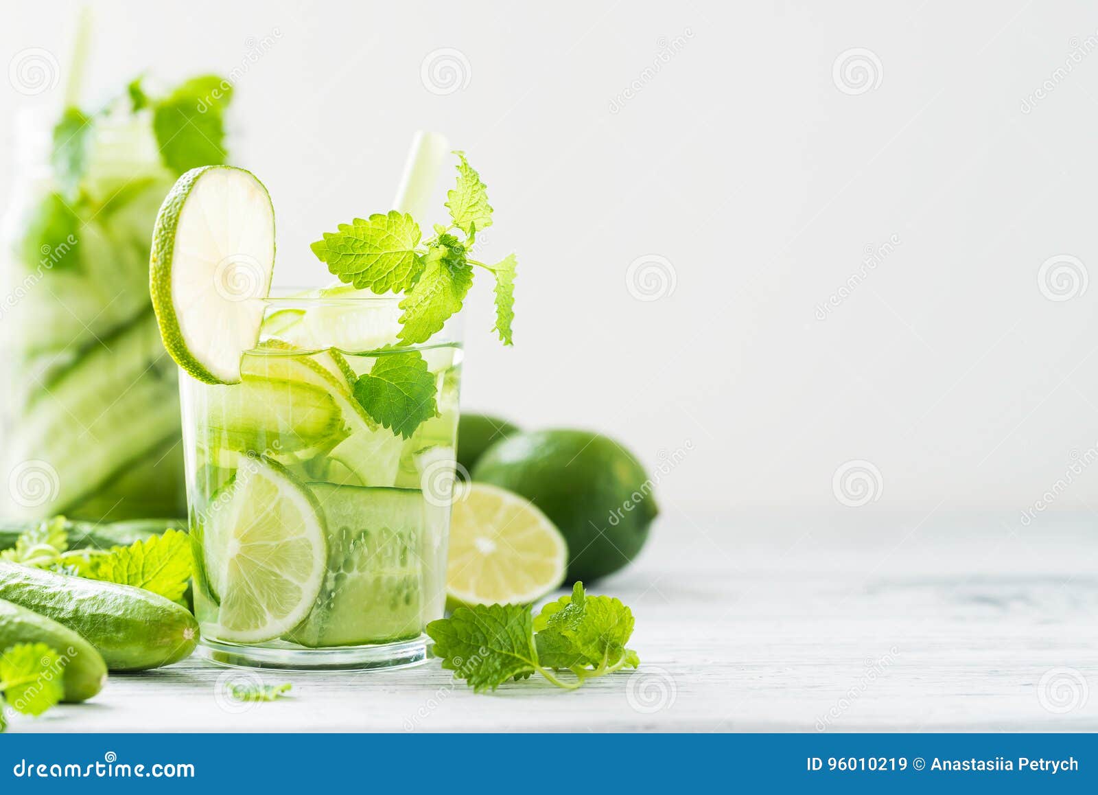 Refreshing Drink with Cucumber, Lime, Mint. Copy Space Stock Image