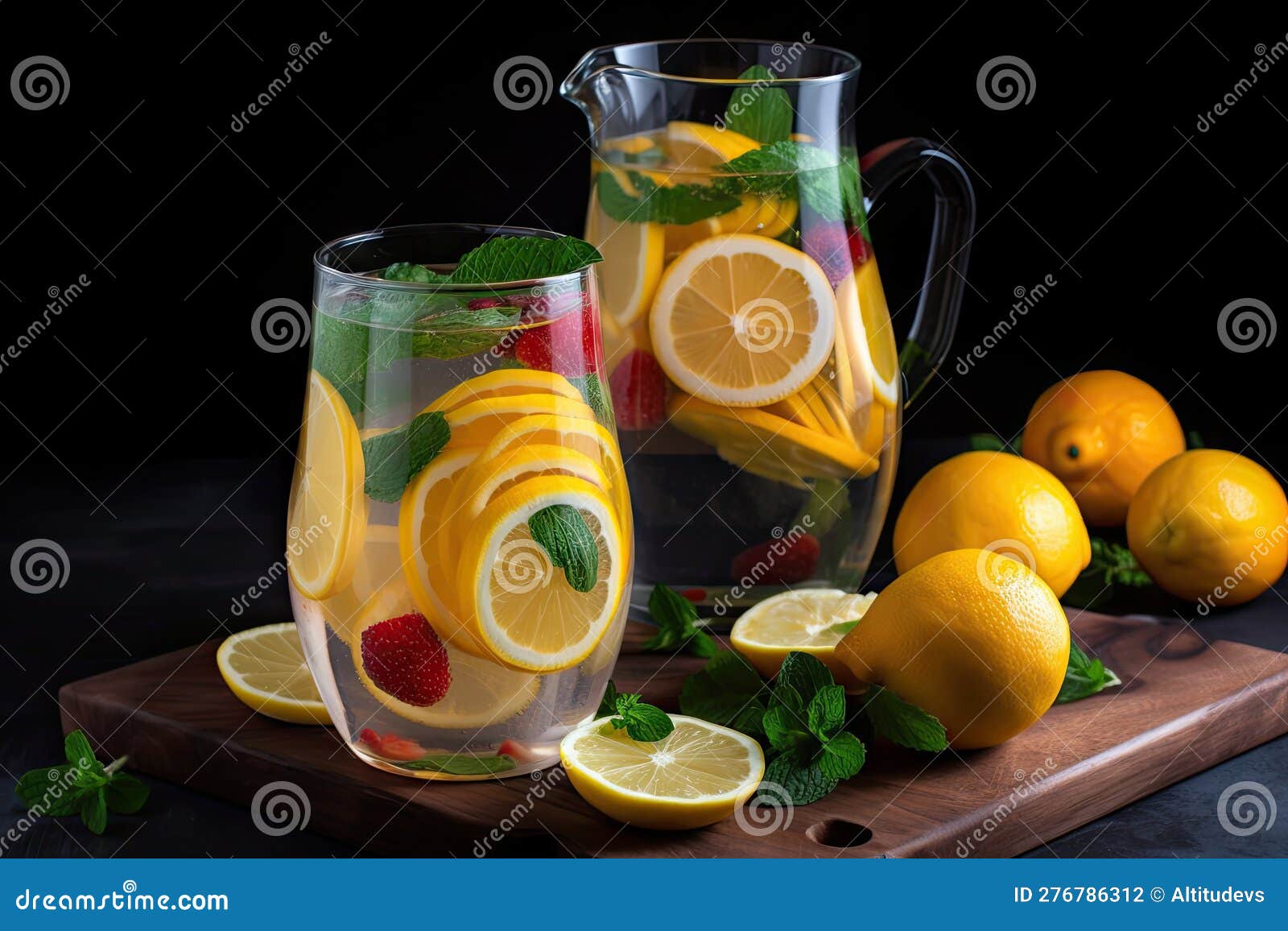 Refreshing Fruitinfused Water with Slice of Lemon and Mint Stock