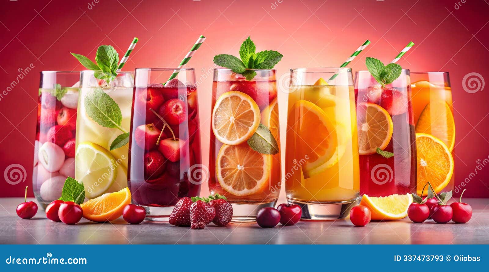 refreshing fruit infusions a row of six glasses with citrus and berries, red background, summer drinks
