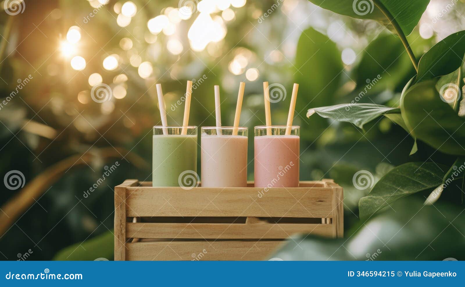 refreshing fruit smoothies displayed in a wooden tray surrounded by lush green leaves