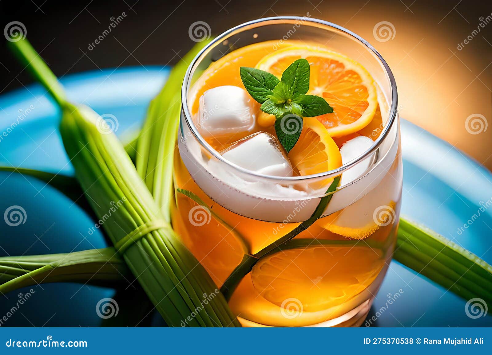 Refreshing Fruity Summer Drink on Table with Lemon and Mint Stock