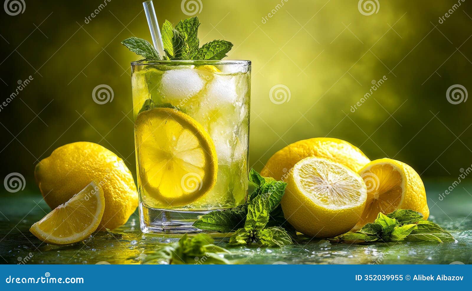 refreshing lemon mint drink with ice cubes on a green background