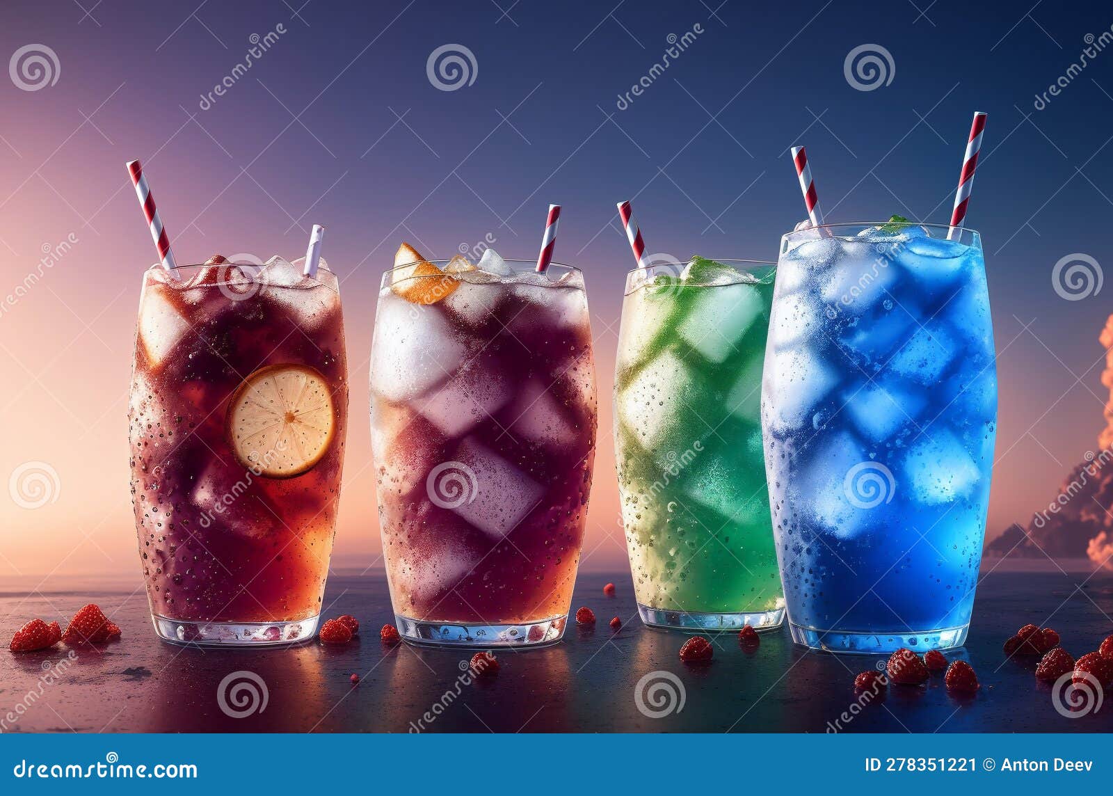 Refreshing Soda in Glass. Fruit Cocktail with Ice. Generative AI. Stock