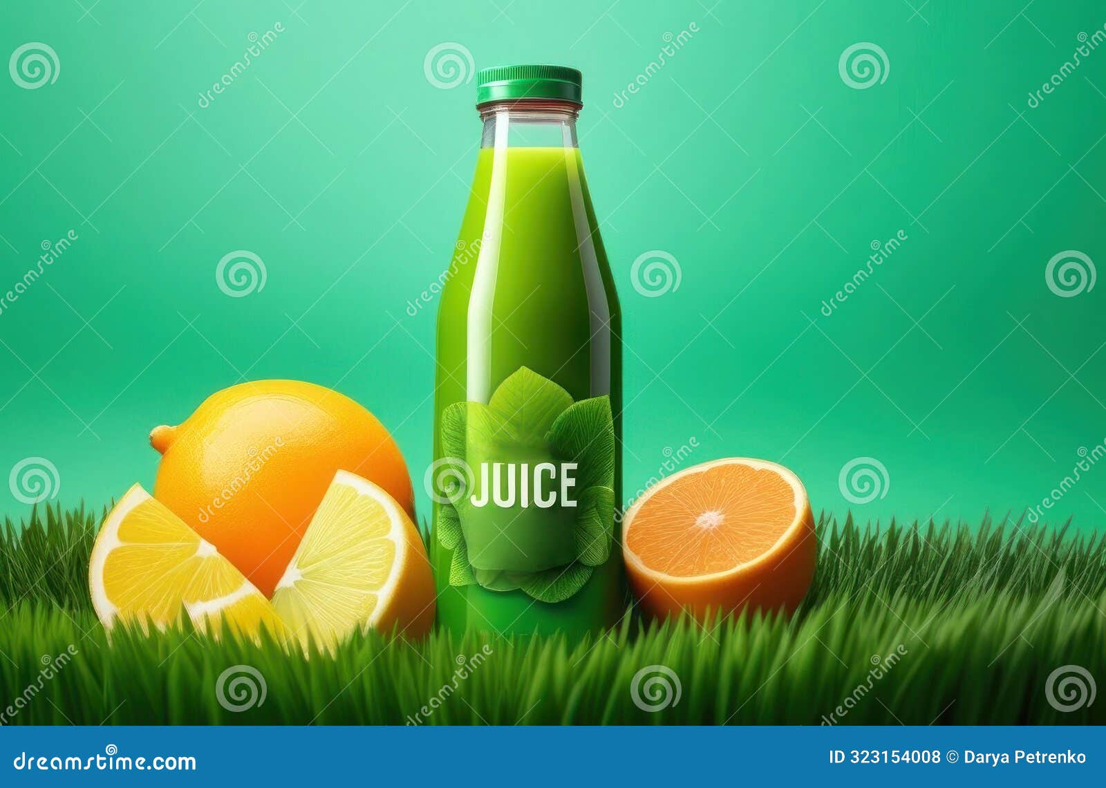 refreshing and vibrant citrus juice bottle surrounded by fresh orange and lemon slices