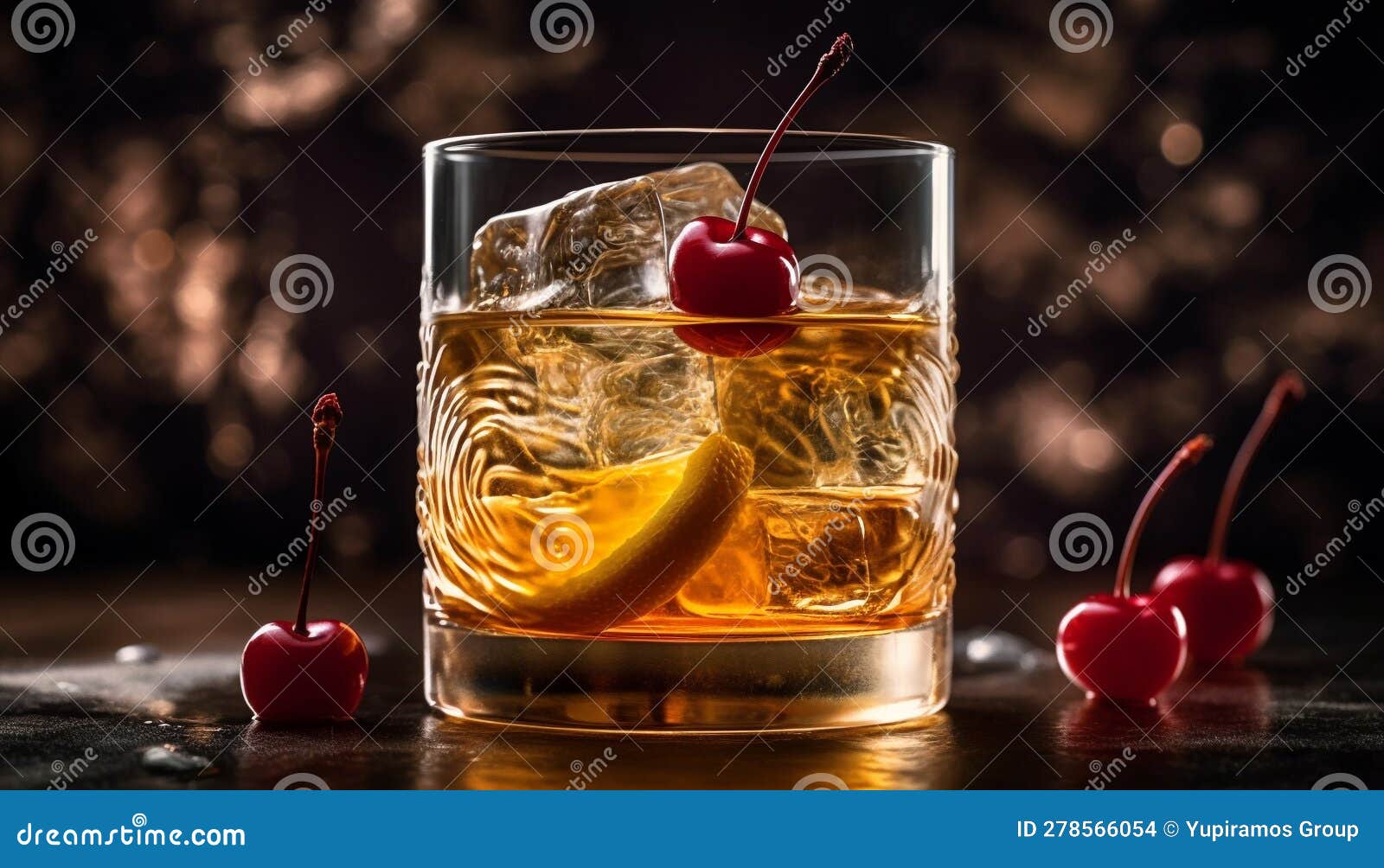 A Refreshing Whiskey Cocktail with Citrus Fruit and Maraschino Cherry