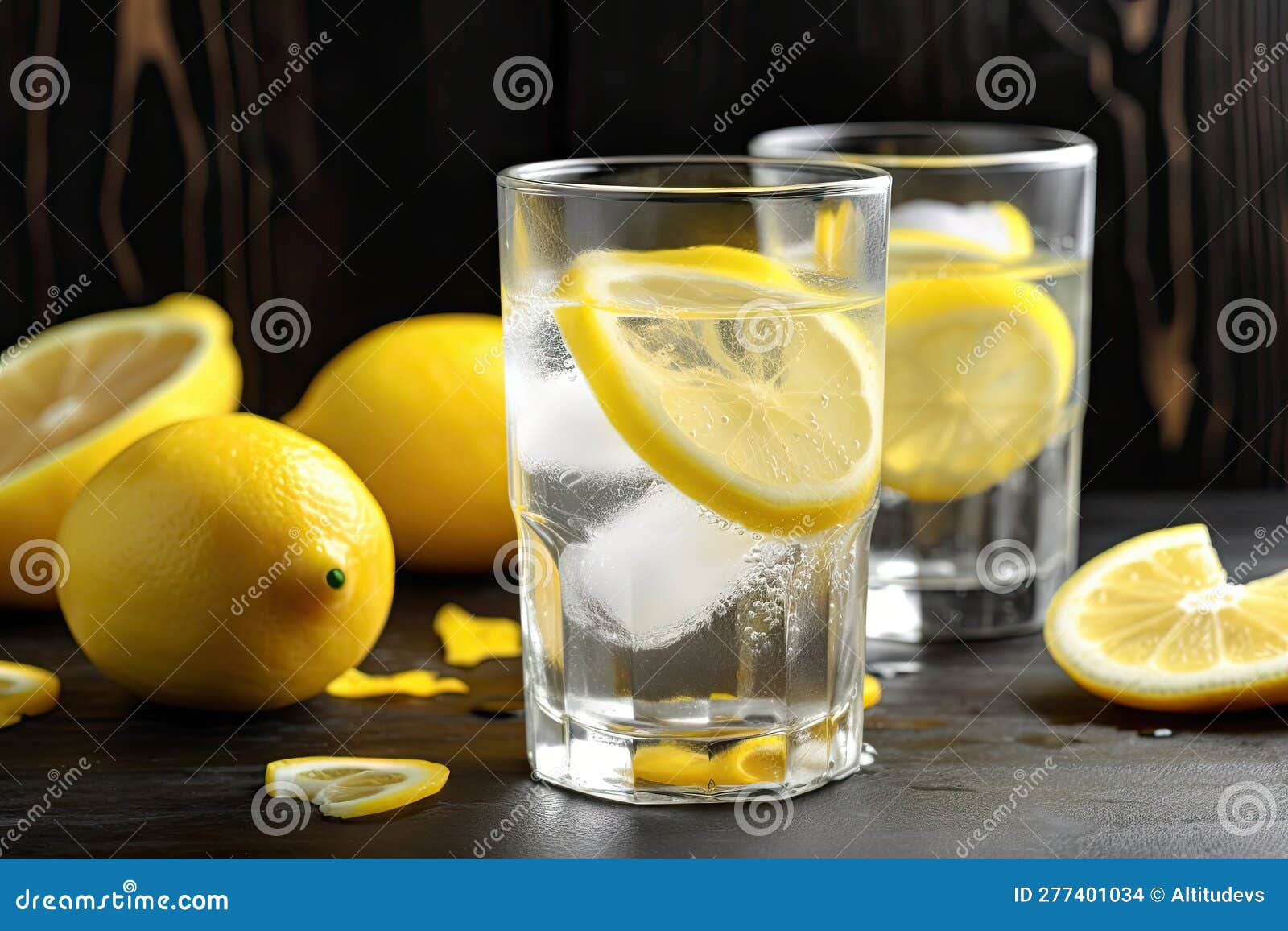 Refreshingly Cold Glass of Lemonade, with Lemons and Ice Cubes Stock