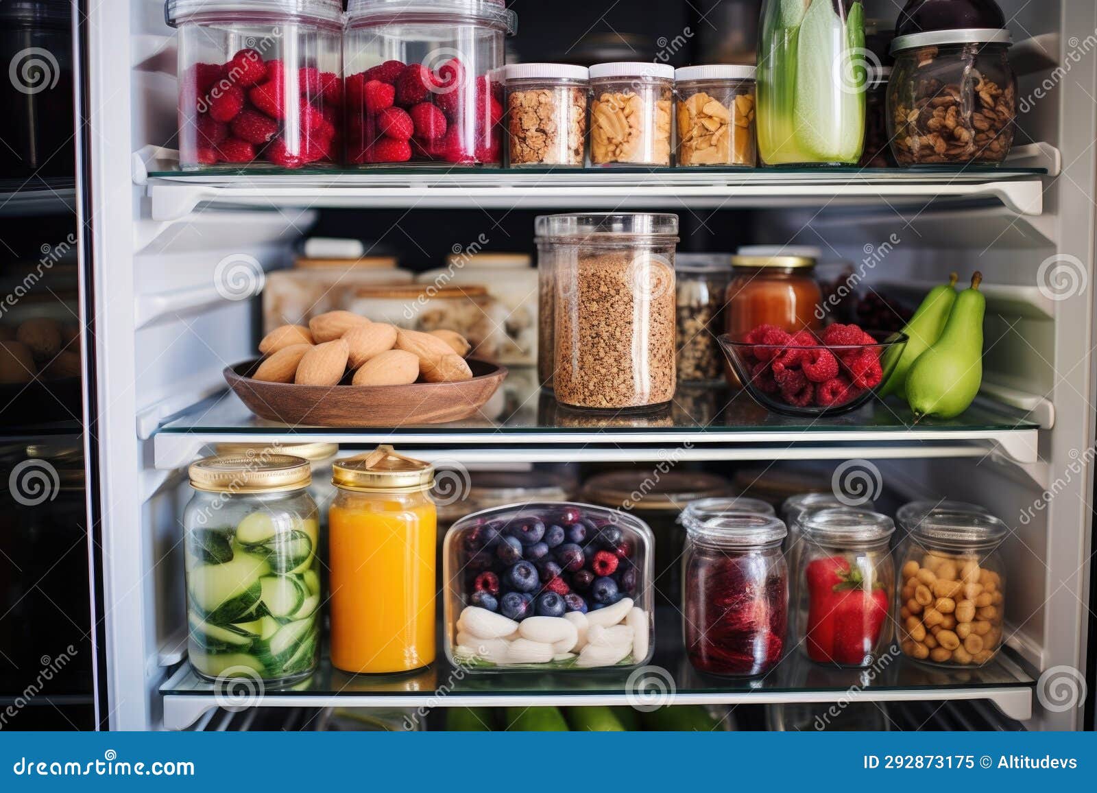 A Refrigerator Filled with Various Healthy Snacks and Drinks Stock