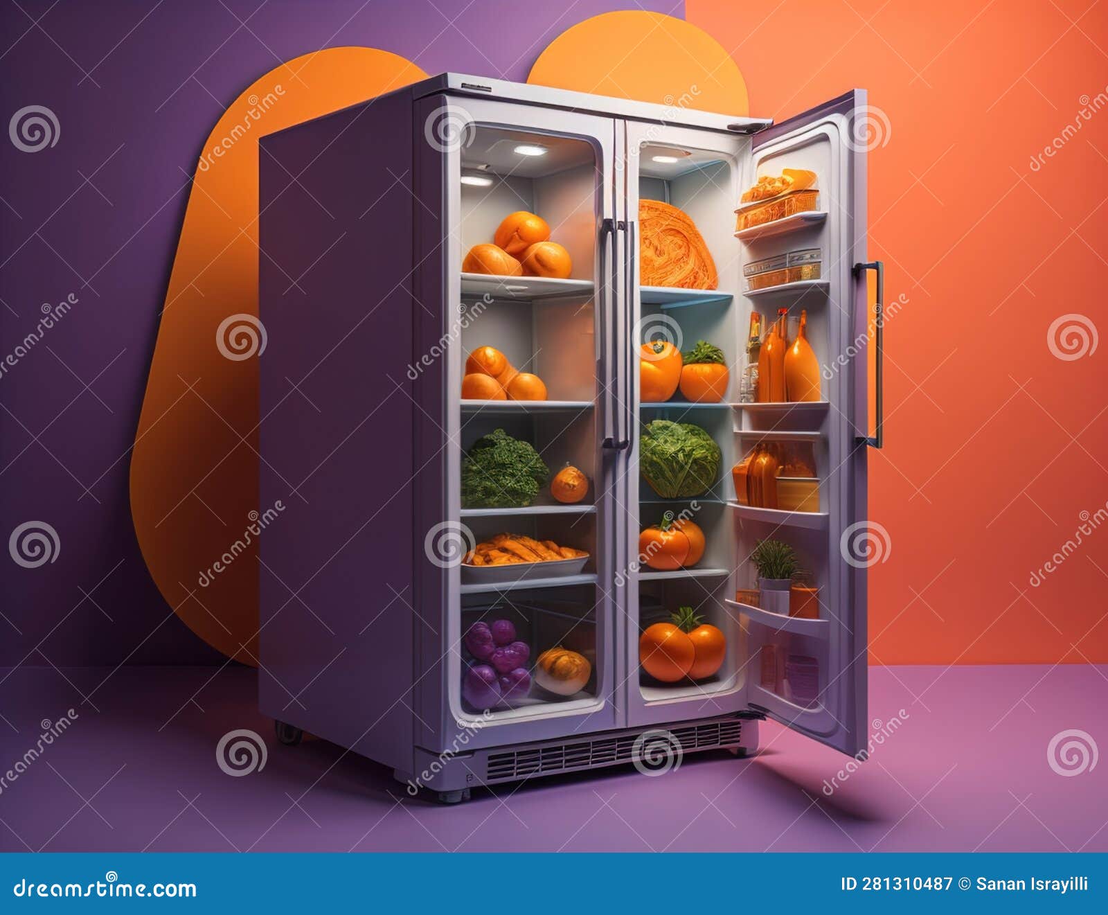 Refrigerator Full of Fresh Fruits and Vegetables, Generative Ai Stock