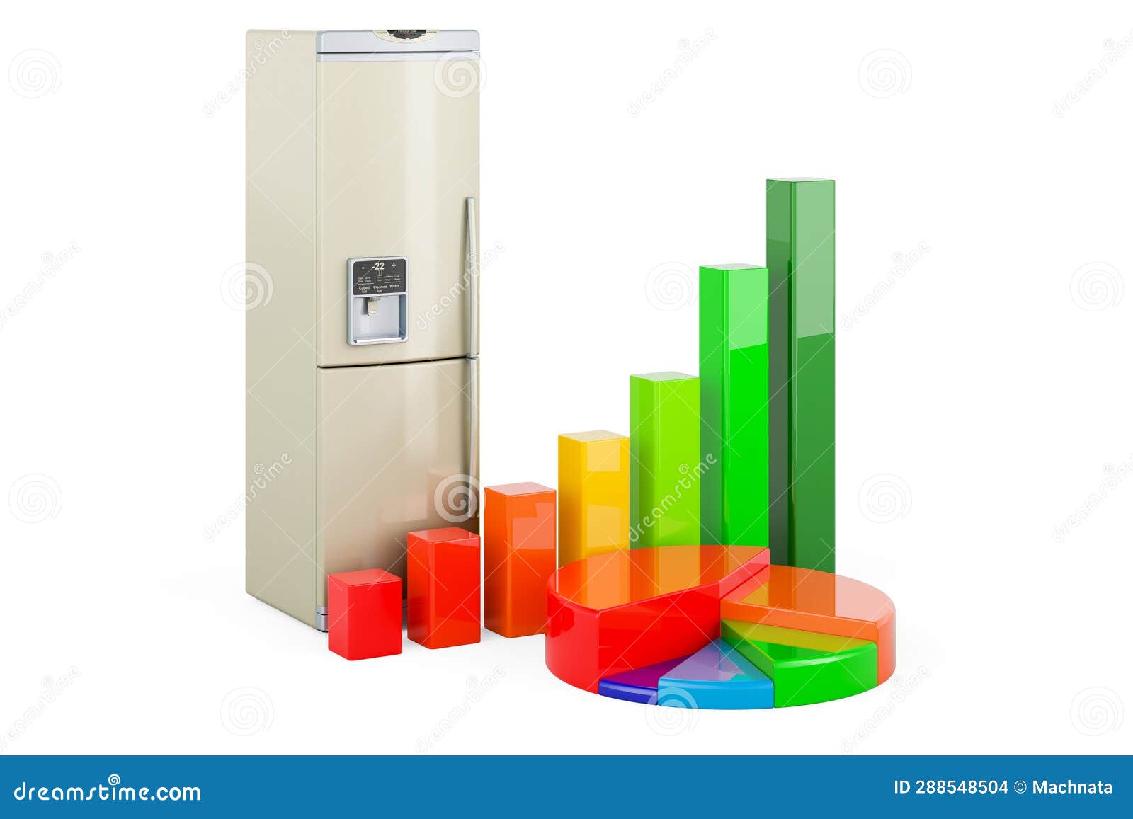 Refrigerator with Growth Bar Graph and Pie Chart, 3D Rendering Stock