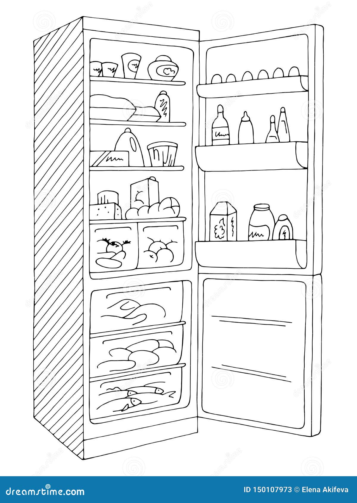 Refrigerator Open Graphic Isolated Black White Sketch Illustration