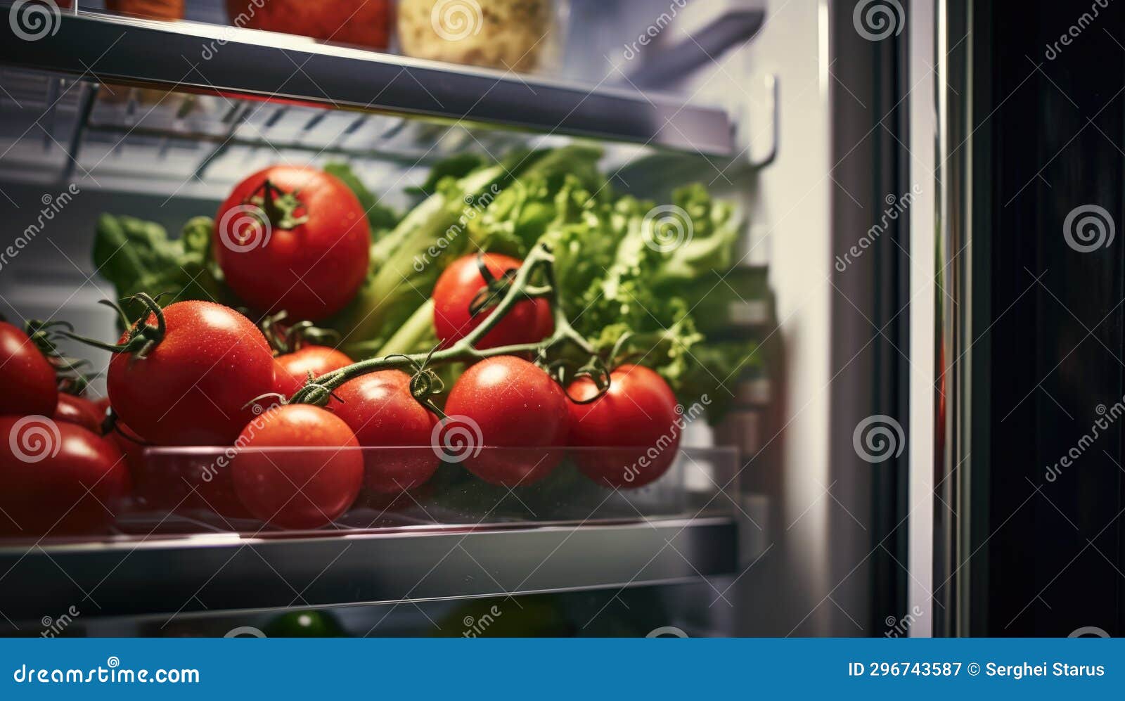 A Refrigerator with Tomatoes and Other Vegetables Inside, AI Stock