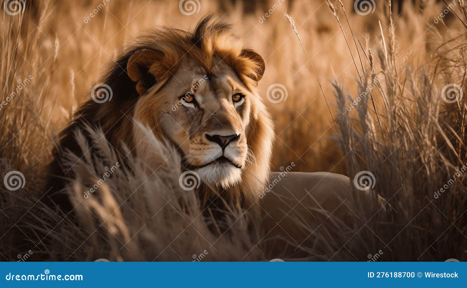 regal lion basking in the sun amongst tall grass