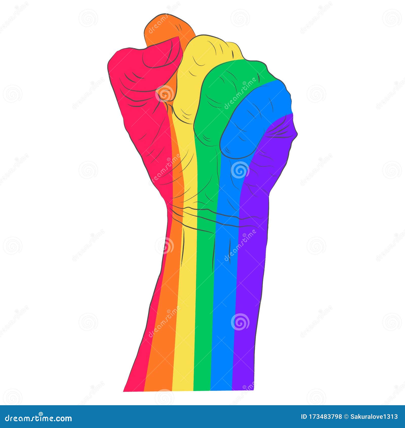 Wiederverwendbarer Gesichtsschutz Mundschutz Regenbogenfarbene Hand mit Faust erhoben Gay Pride LGBT-Konzept 
