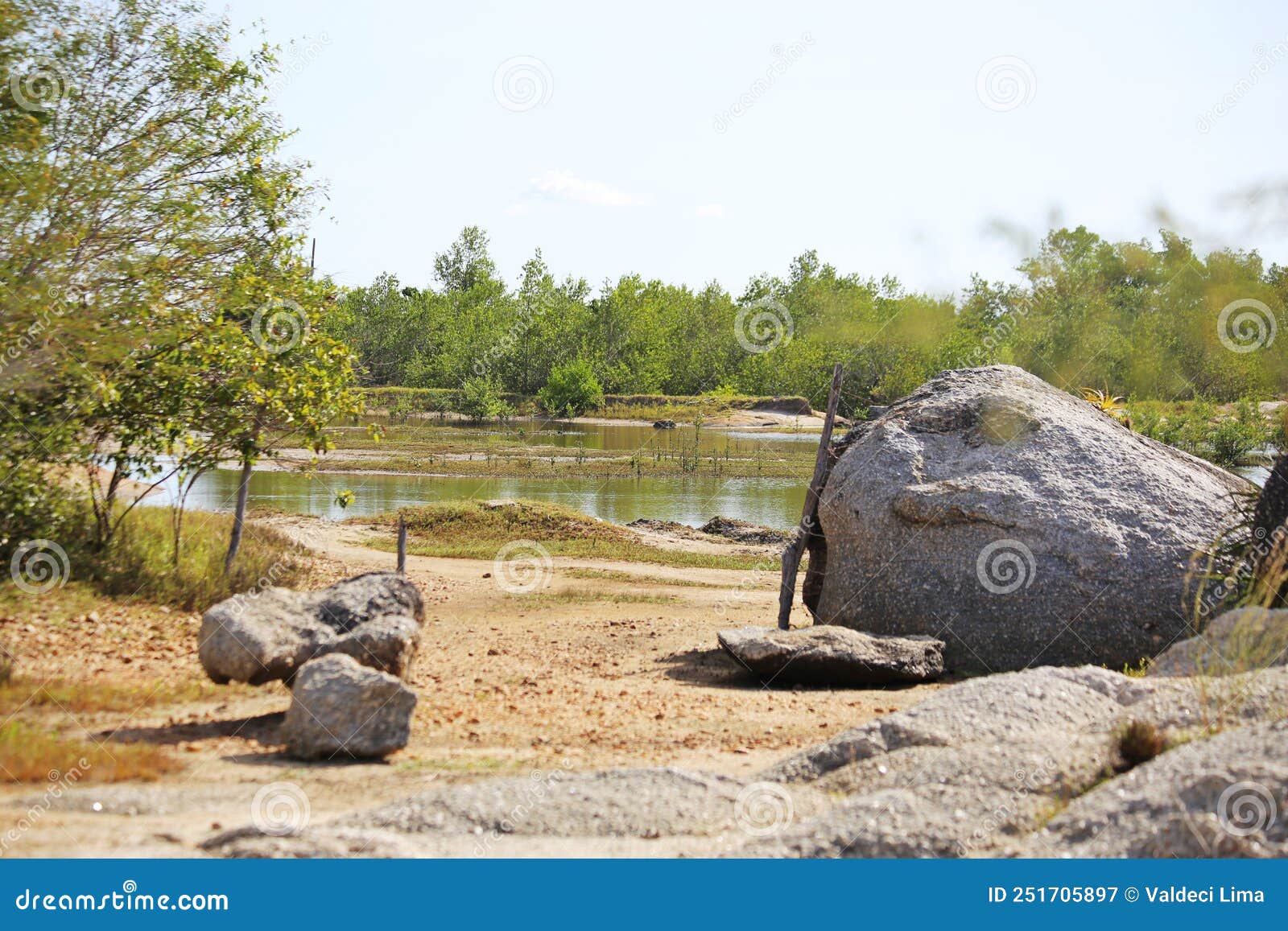 big rocks, river  and undergrowth with some vegetation in the region close to the sea, northeast of brazil.