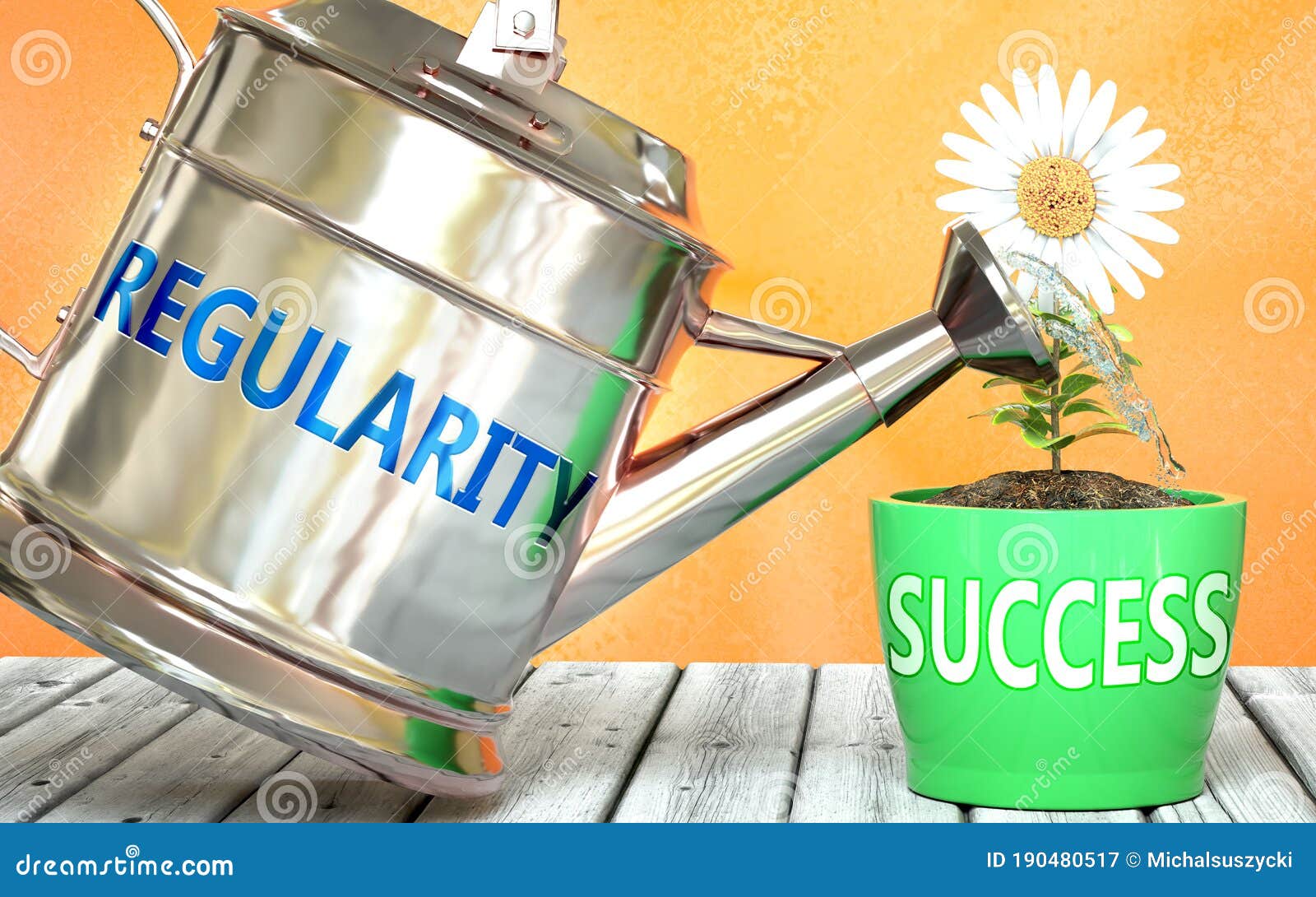 regularity helps achieving success - pictured as word regularity on a watering can to ize that regularity makes success grow