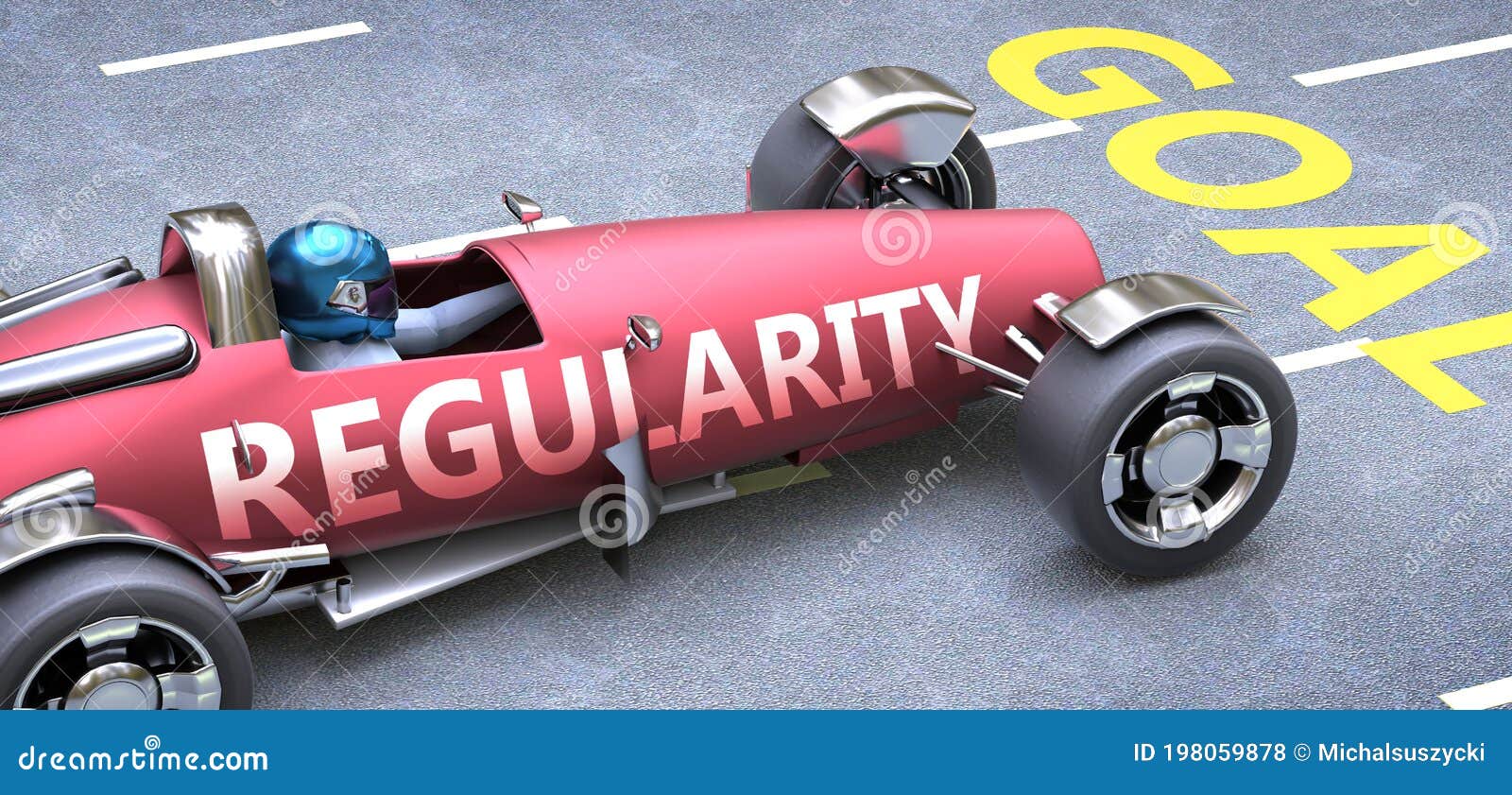 regularity helps reaching goals, pictured as a race car with a phrase regularity on a track as a metaphor of regularity playing