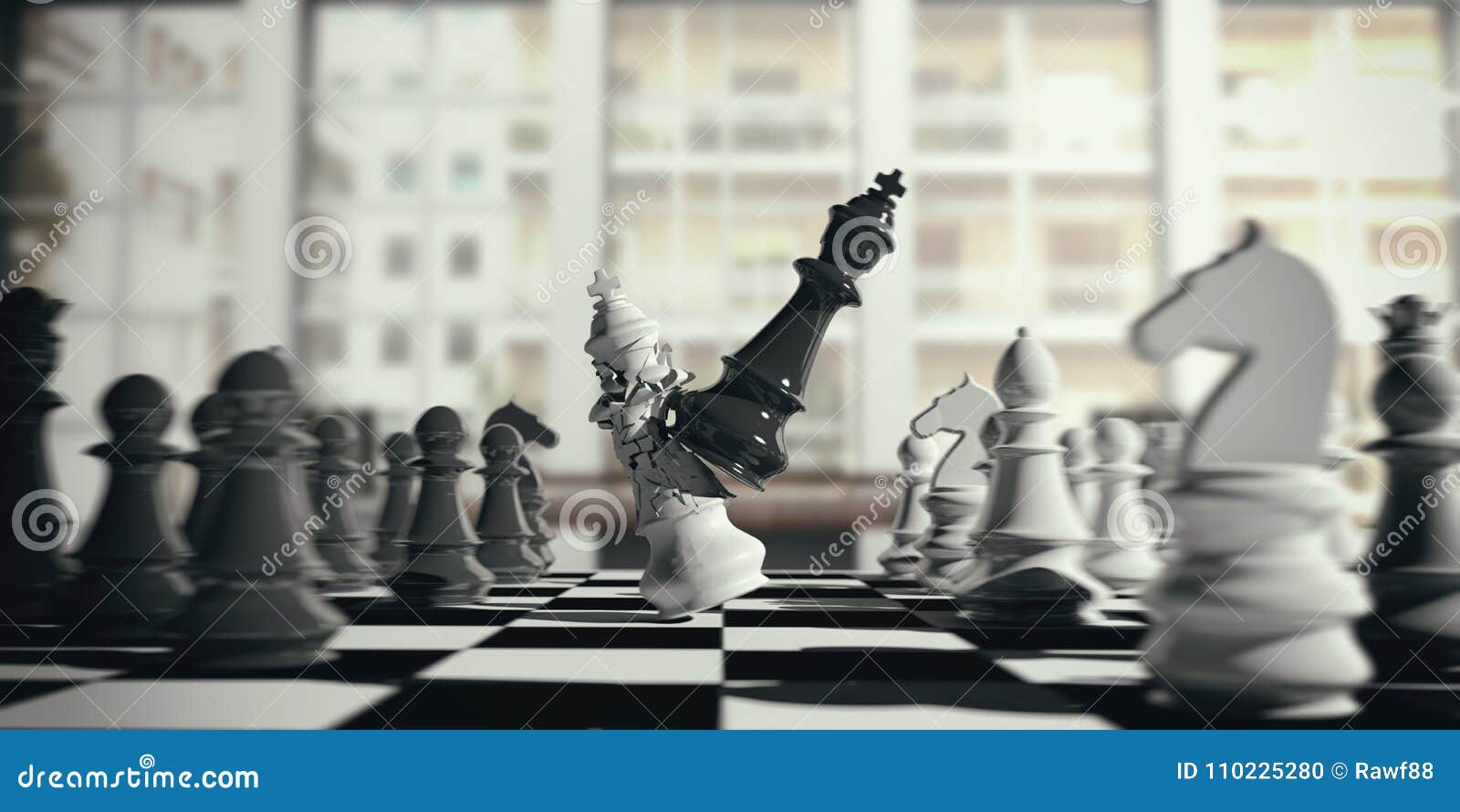 Rei da peça de xadrez preto 3d no fundo branco xadrez do jogo de