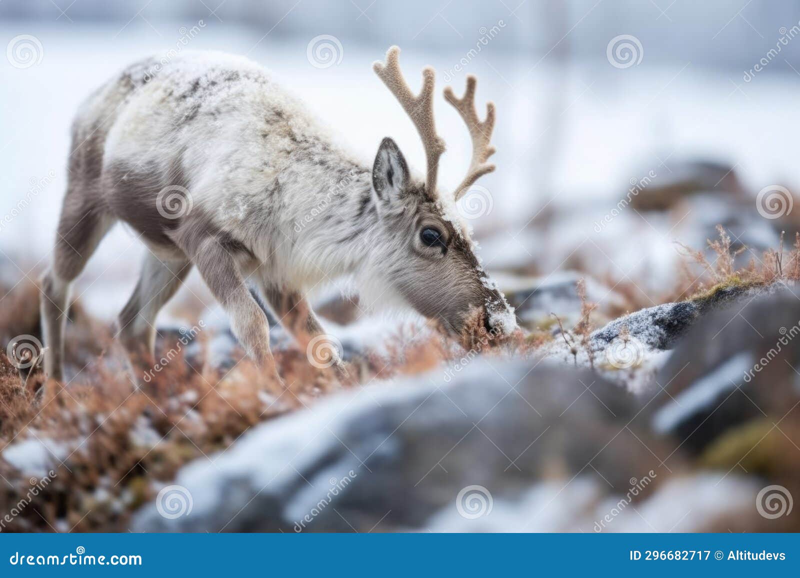 A Reindeer Eating Lichen in Snowy Tundra Stock Image Biology Diagrams